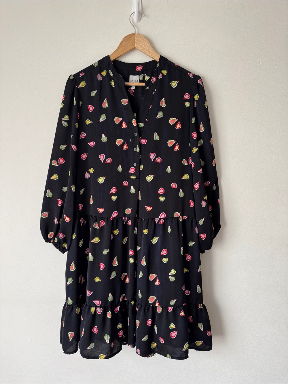 NIC+ZOE Black Tiered Dress with Pink and Green Fruit Print Size M
